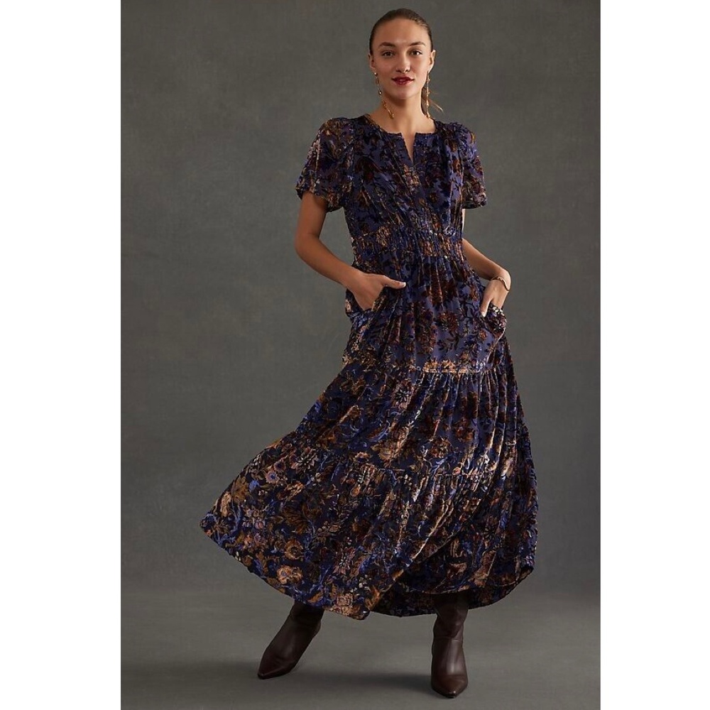 Anthropologie Somerset Velvet Maxi Dress, purple, size L, EUC